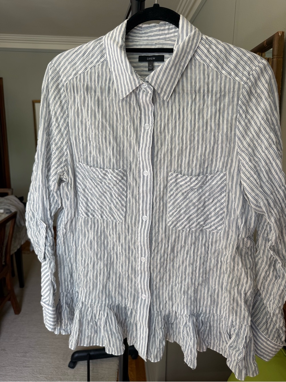 Drew Anthropology Women’s White and Navy Striped Button-Up Shirt